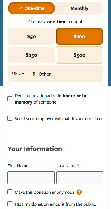 The Michael J. Fox Foundation’s mobile-optimized donation form, with large fonts and spaced buttons for a simple mobile giving experience