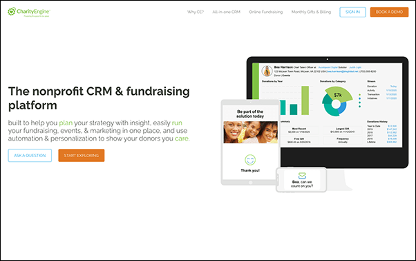CharityEngine promotes itself as an all-in-one donor database solution for nonprofits.