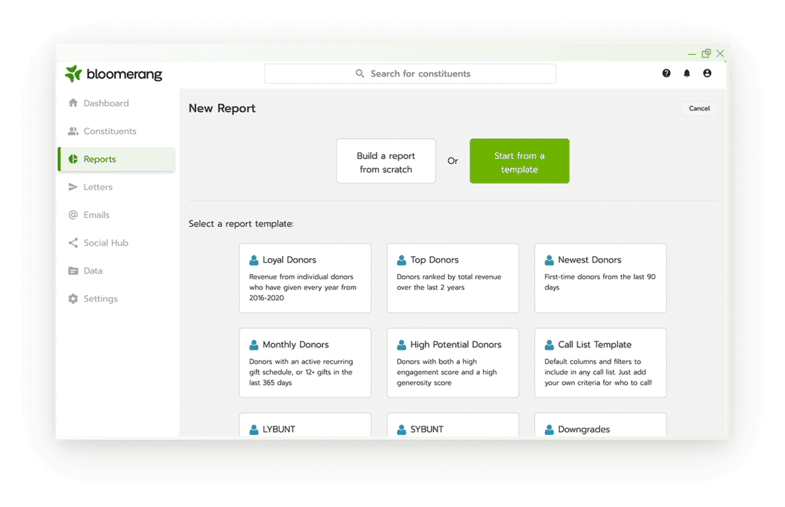 This image shows the types of customized reports you can create using Bloomerang’s nonprofit CRM.
