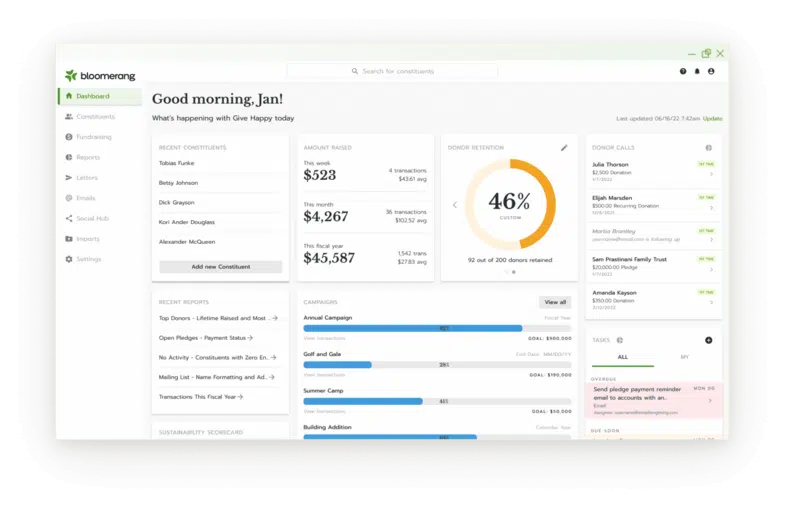This image shows a custom dashboard within a nonprofit CRM, discussed in the text below.