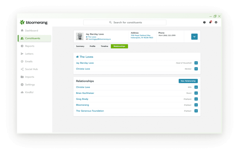 This image shows what donor profiles look like in Bloomerang’s nonprofit CRM.