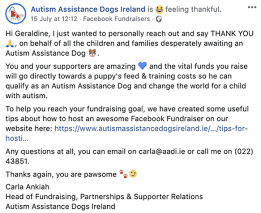 Thank your personal fundraisers publicly on Facebook.