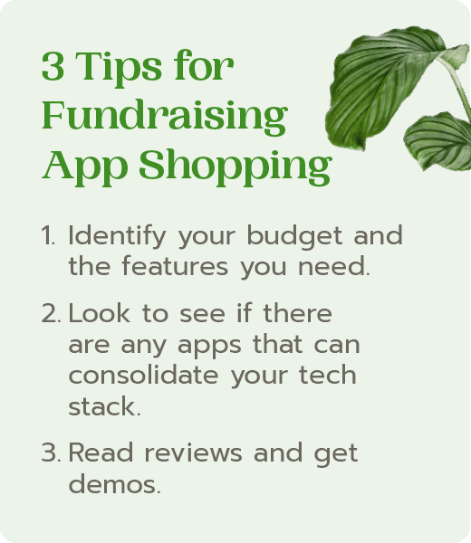 This clipboard-style image shows three tips for shopping for a fundraising app, all of which are outlined in the text below