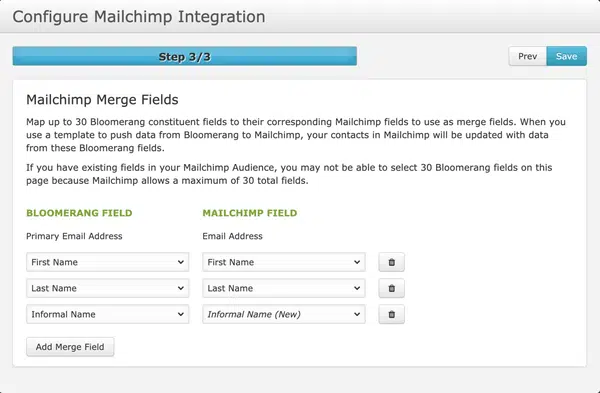 Merge marketing fields with your Bloomerang Mailchimp integration.