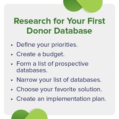 To research your first donor database, you’ll need to follow a specific list of processes.