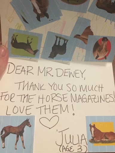 This is a great example of nonprofit storytelling via email. This image shows a thank-you card to Mr. Dewey. 