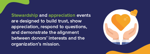 Stewardship and donor appreciation events are designed to build trust, show appreciation, respond to questions, and demonstrate the alignment between donors’ interests and the organization’s mission.