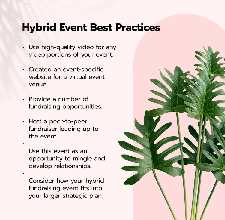 The best practices for holding hybrid events are shown on a begonia background with a palm tree image on the right hand side. 