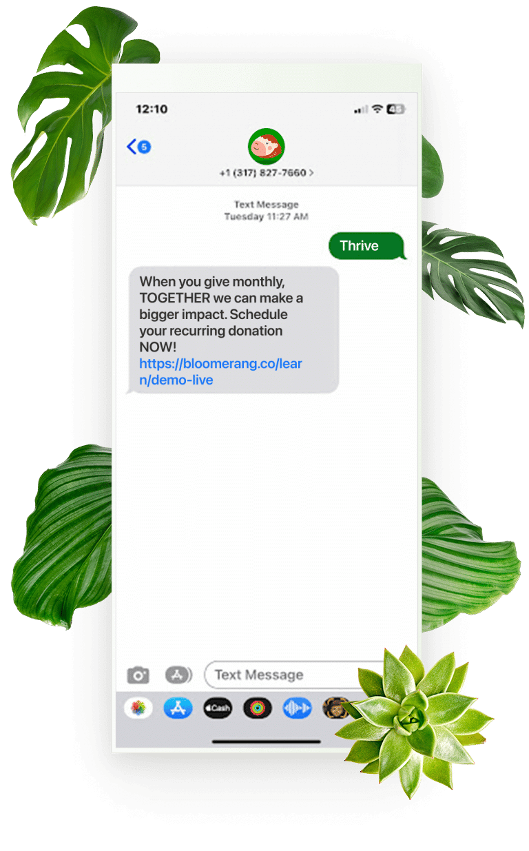 Example of a message sent via Bloomerang’s text-to-donate platform