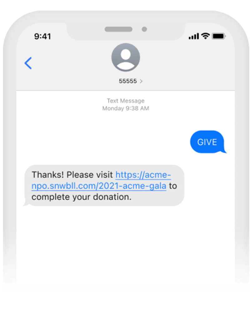 Example of a text sent using the Snowball text-to-give platform