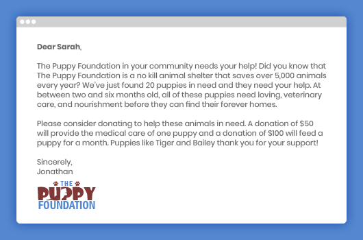 Personalize emails to promote your online fundraising campaigns.