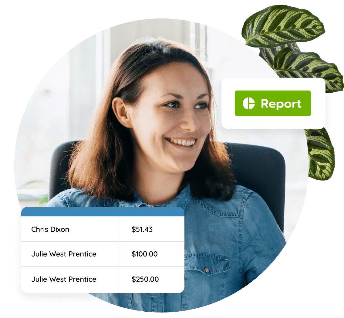 A woman in a denim shirt smiles as she goes over a custom report created from Bloomerang.