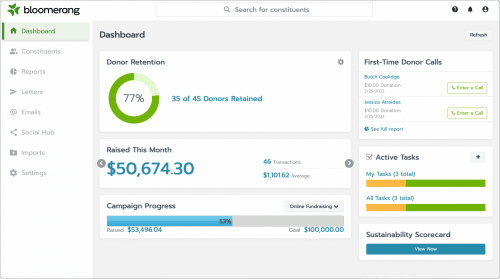 Bloomerang, an ideal alternative to Salesforce, offers a clean dashboard that shows you the information you need most, including your donor retention rate, fundraising metrics, and campaign progress.