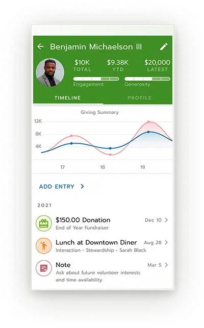 The Bloomerang mobile app displays key information about your donors.
