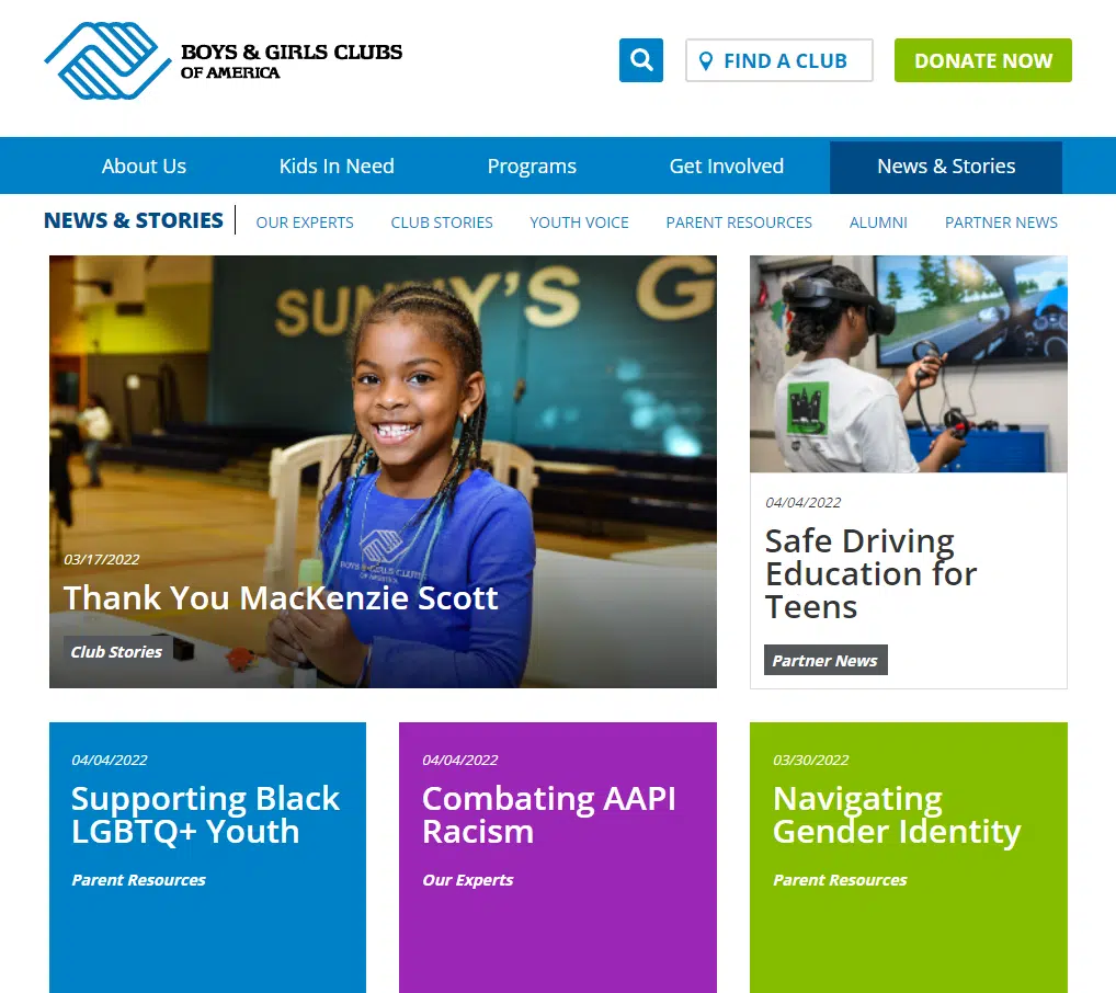 The Boys & Girls Club of America has a robust storytelling section on their website, which supports their fundraising efforts, including their annual appeal. 