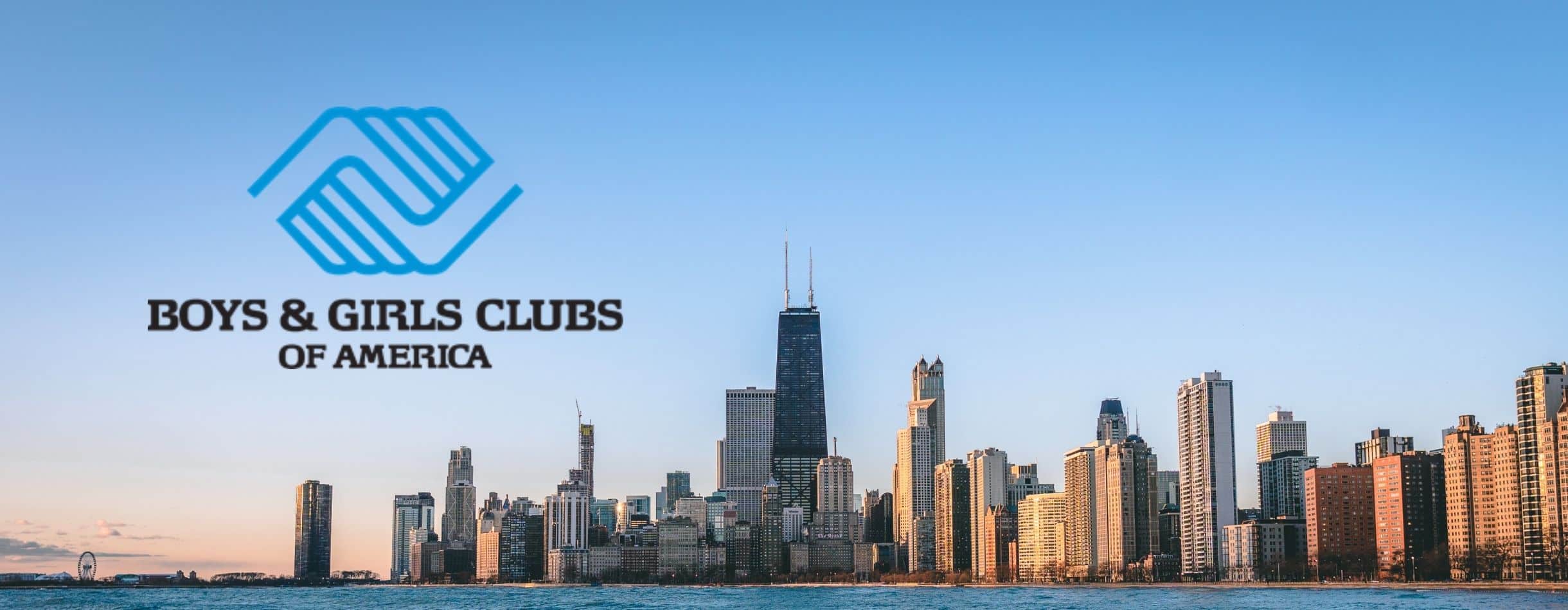The Chicago skyline towers above Lake Michigan with the Boys & Girls Club of America logo displayed on top of the image in the left corner