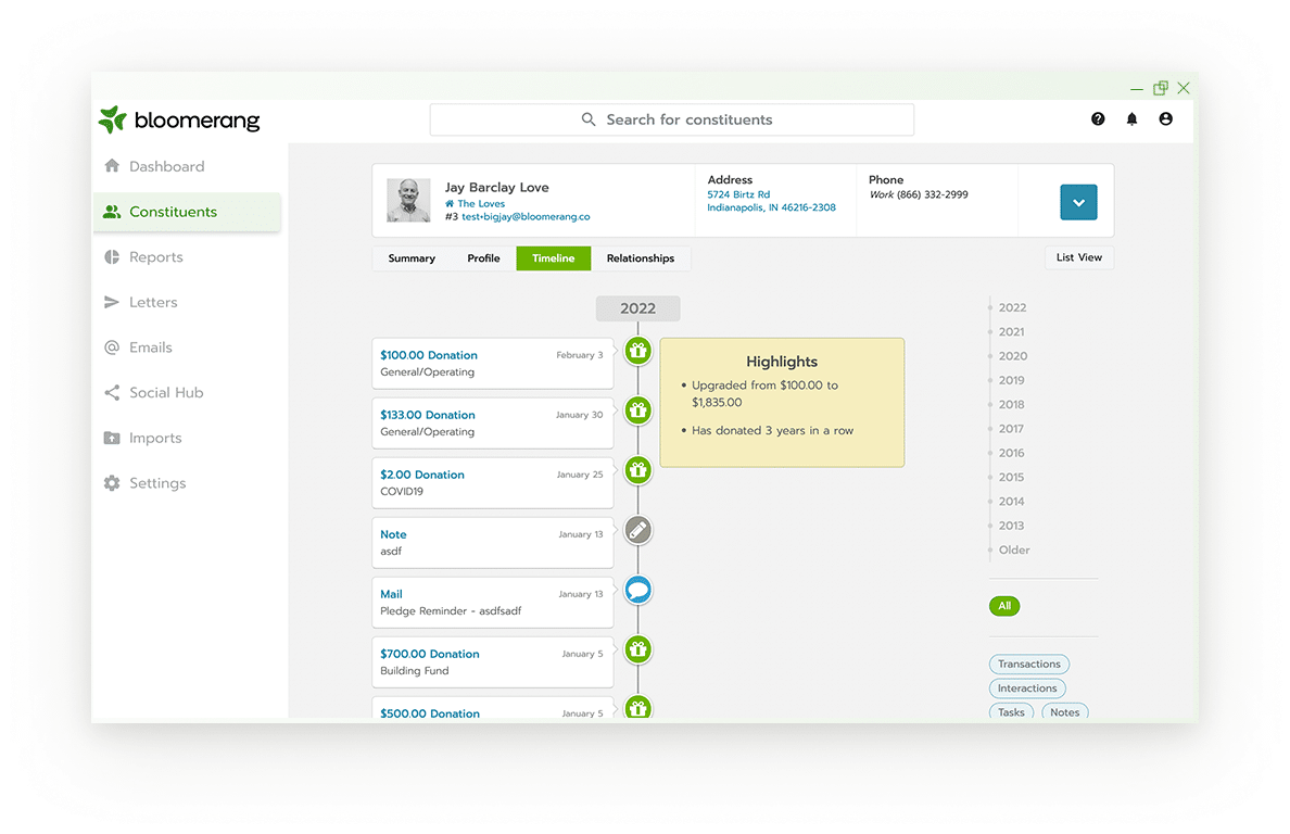 Desktop user interface showing a donor's history with giving to your organization
