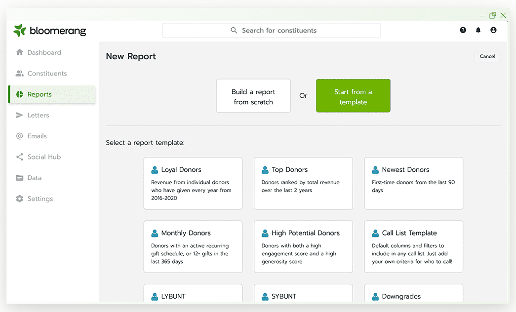 Desktop User Interface showing templates for easy reporting