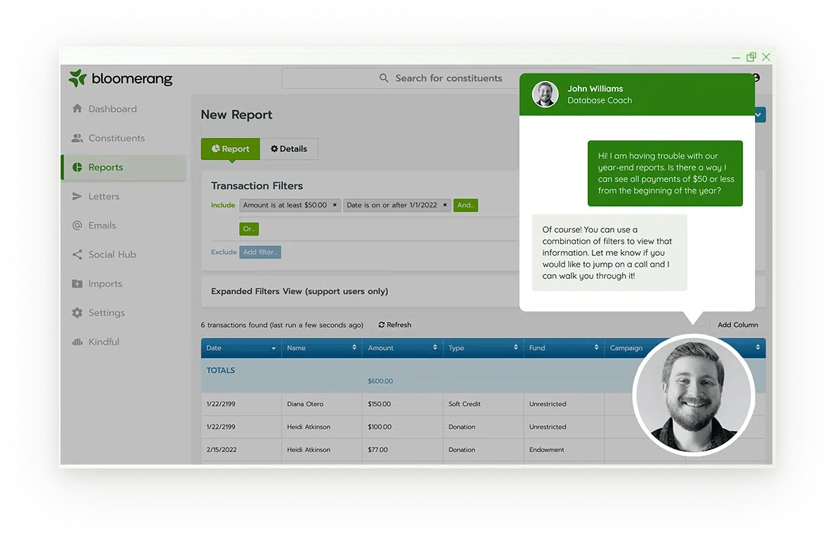 desktop user interface for bloomerang software showing assistance from an internal database coach