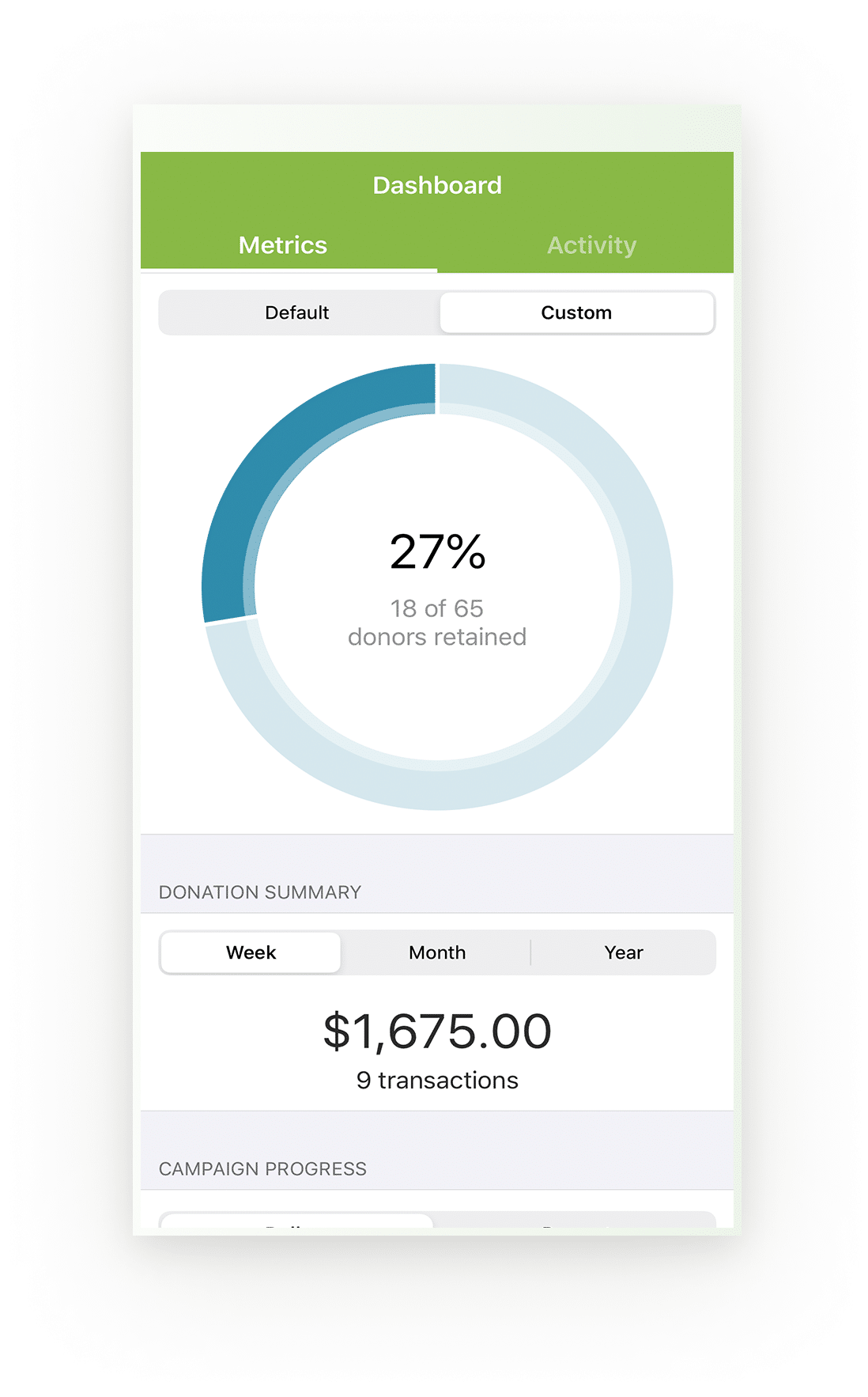 Bloomerang's mobile app showing the current fundraising dashboard
