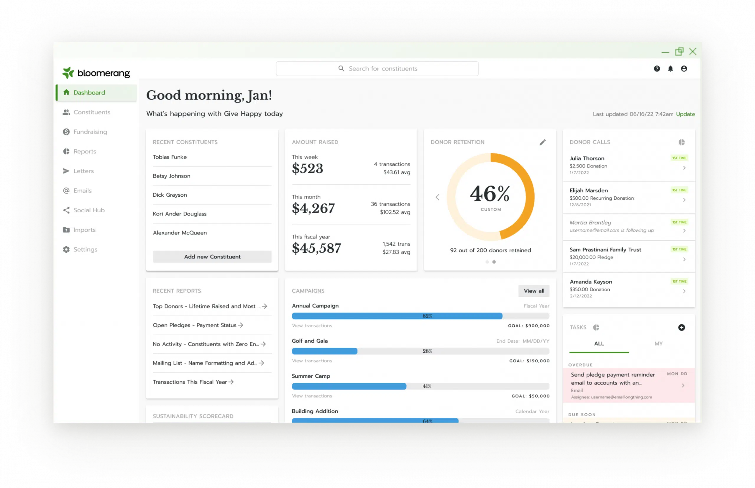 Bloomerang's desktop dashboard user interface is shown, highlighting an example nonprofit organization's recently joined constituents, active campaigns, tasks, fundraising efforts, a donor retention metric and recent customizable reports that be quickly shared with others..