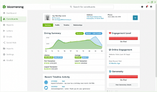 Bloomerang's constituent summary allows for nonprofits to see important metrics on their donors.