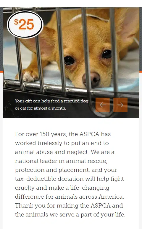 The ASPCA offers a succinct, compelling description on its donation page to encourage supporters to give.