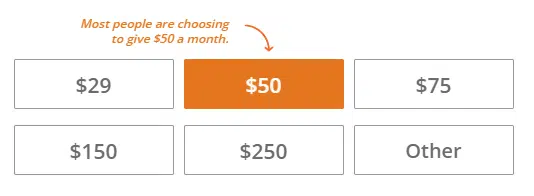 The CARE online donation form highlights their most popular donation amount: 