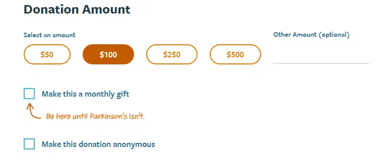 This is an example of how the Michael J. Fox online donation page prompts donors to make a monthly gift.