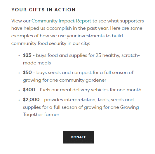 This Nashville Food Project donation page connects specific donation amounts with real impact.
