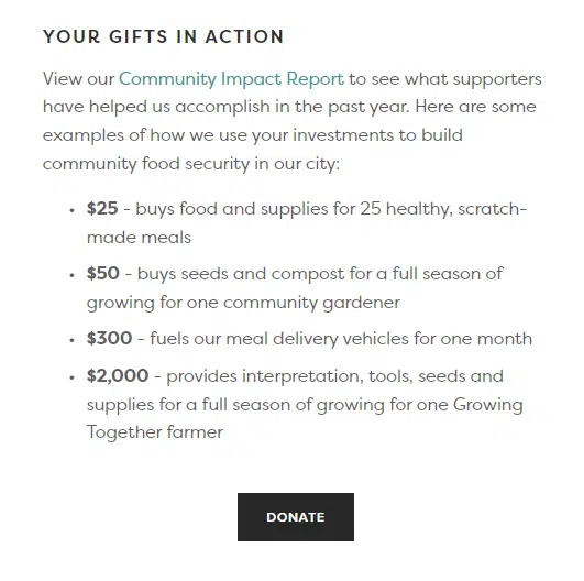 This Nashville Food Project donation page connects specific donation amounts with real impact.