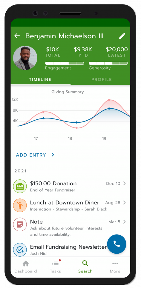 Bloomerang's mobile dashboard allows you to check on your fundraising efforts anywhere