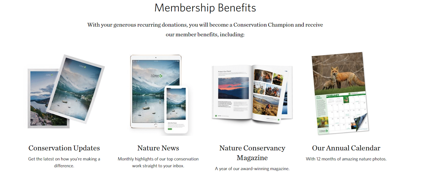 These are the benefits monthly donors receive from the Nature Conservancy's monthly giving program. 