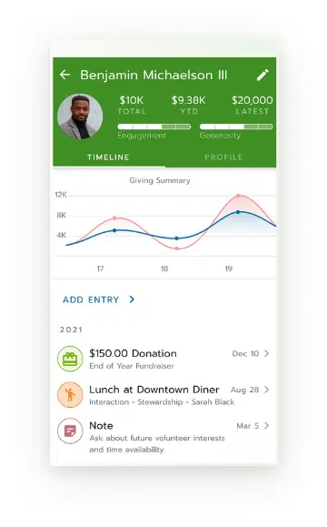 The Bloomerang mobile app displays key information about your donors.