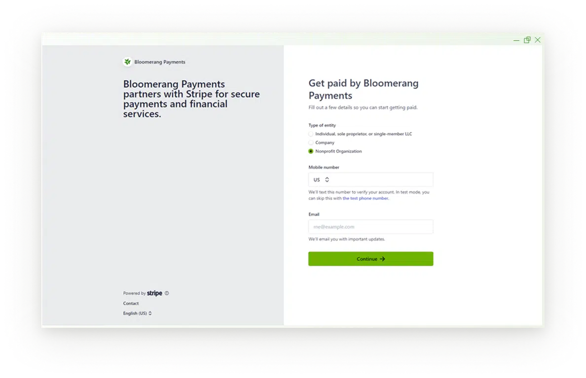 An application window is shown for users to set up Bloomerang Payments with Stripe. It only has fields that ask for type of entity, mobile number, and email.