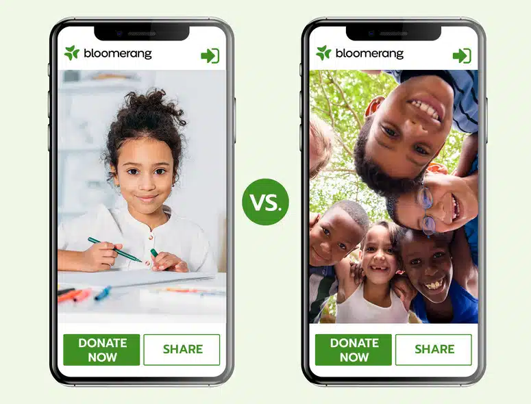 This is an example of an A/B donation page test. The left donation page shows an image of just one child while the right side shows an image of a group of kids. 