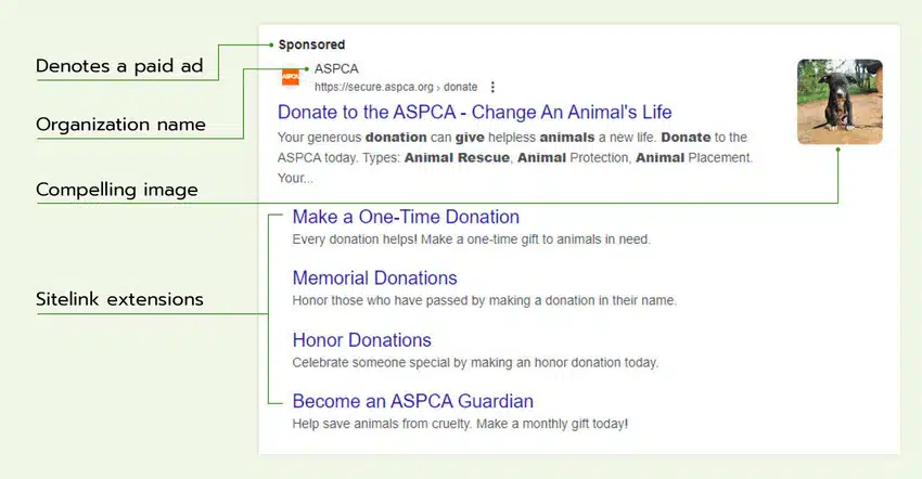 This image shows a breakdown of what a donation page Google Ad looks like on a search engine results page. 