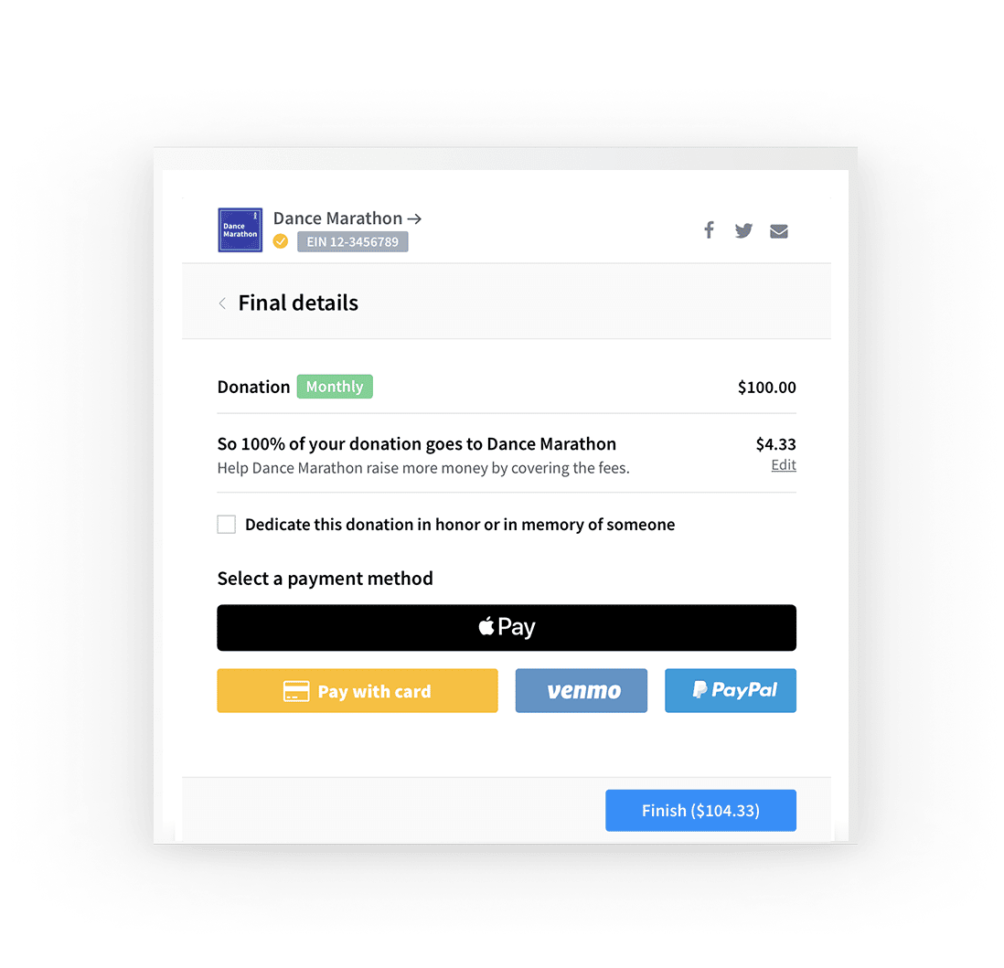 GiveButter's payment feed is shown with options to use Apple Pay, Card, Venmo, Paypal