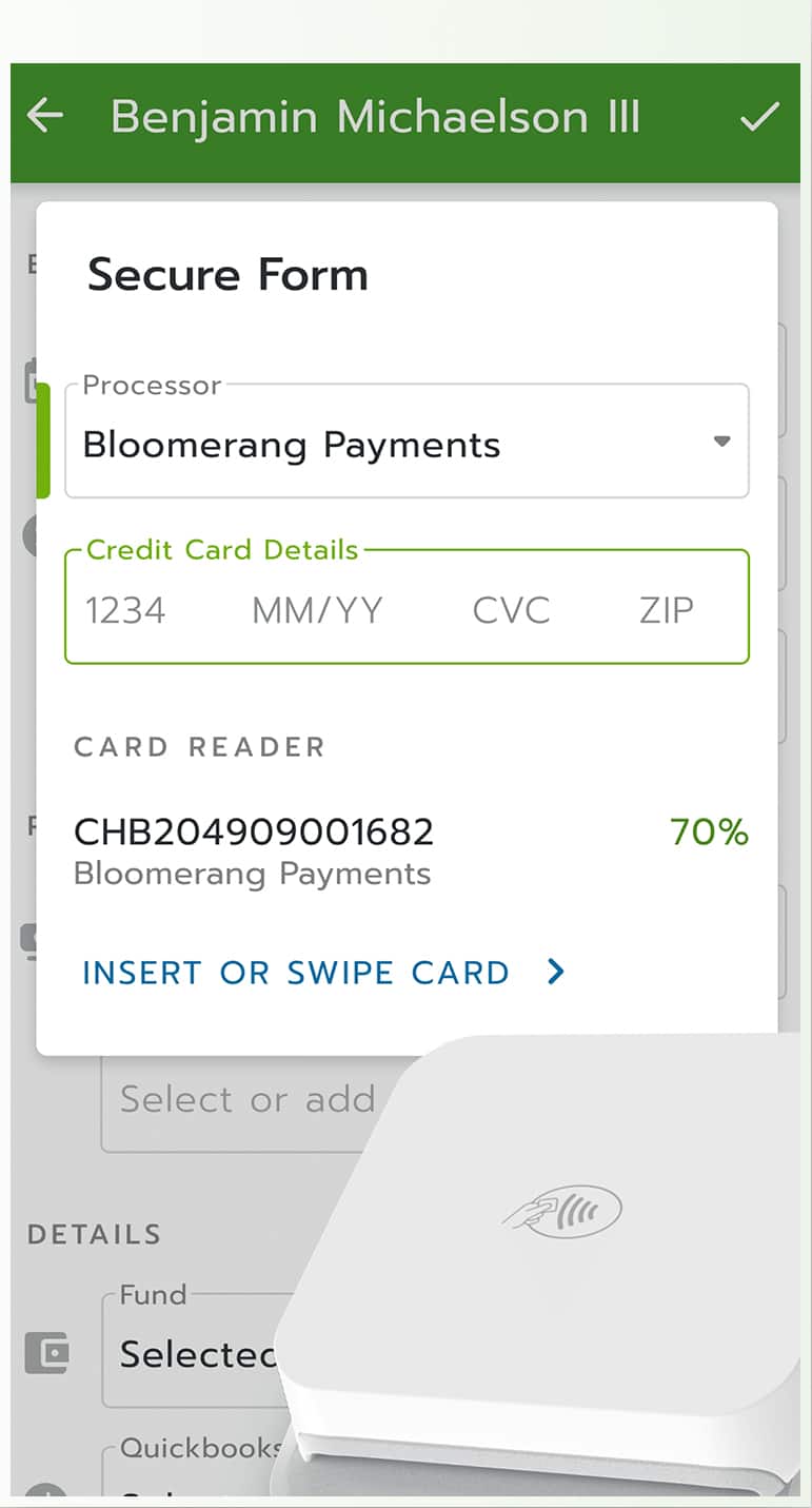 Bloomerang's mobile app is shown with a Stripe card reader as part of its integration.