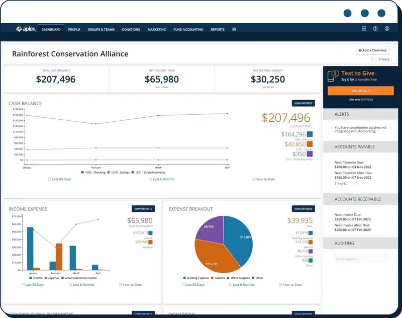This image shows a dashboard within Aplos. 