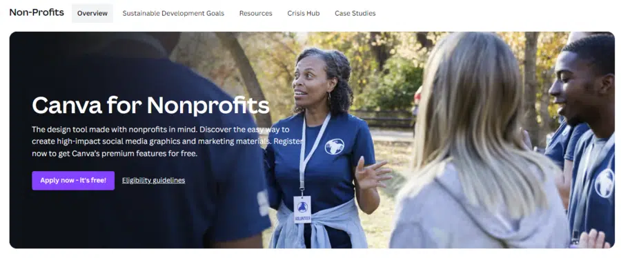 This screenshot shows the homepage for Canva for Nonprofits, a nonprofit software solution for graphic design. 