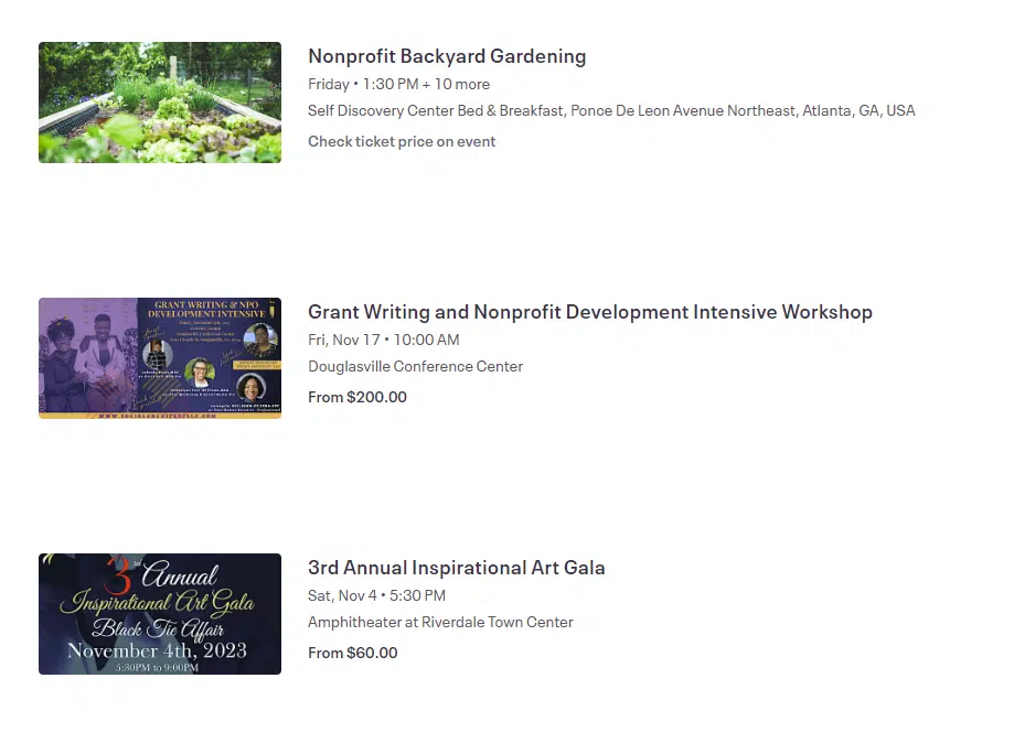 This screenshot shows examples of nonprofit events listed in EventBrite’s database. 