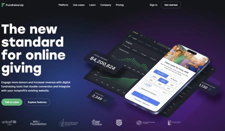 This screenshot shows the homepage for Fundraise Up, a nonprofit software tool for fundraising.