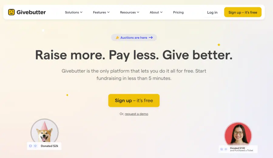 This screenshot shows the homepage for GiveButter, a nonprofit software option for fundraising.