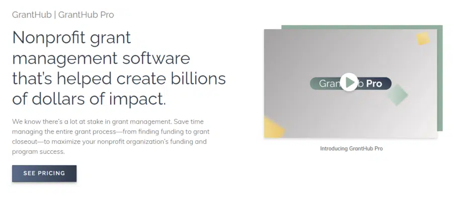 This screenshot shows the homepage for GrantHub, a nonprofit software solution to help organizations keep grant information organized.