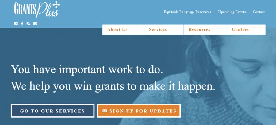 This screenshot shows the homepage for Grants Plus, a nonprofit software platform for grant seeking.