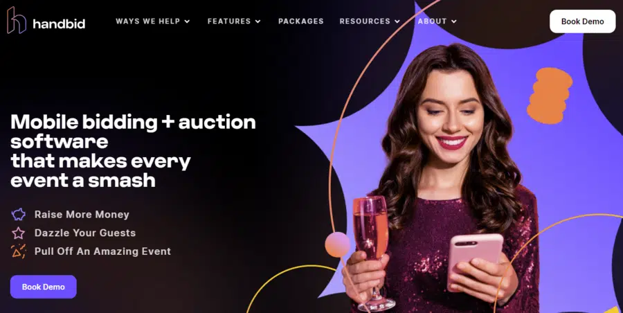 This screenshot shows Handbid’s homepage, a nonprofit software tool for auction events. 
