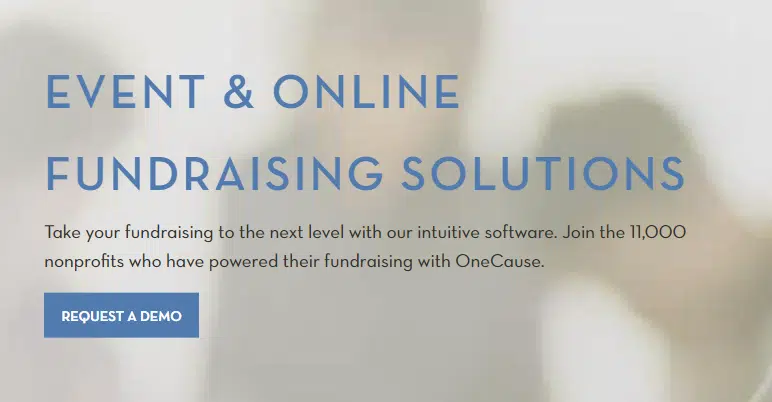 This screenshot shows the homepage for OneCause, a nonprofit software solution to help manage auction events. 