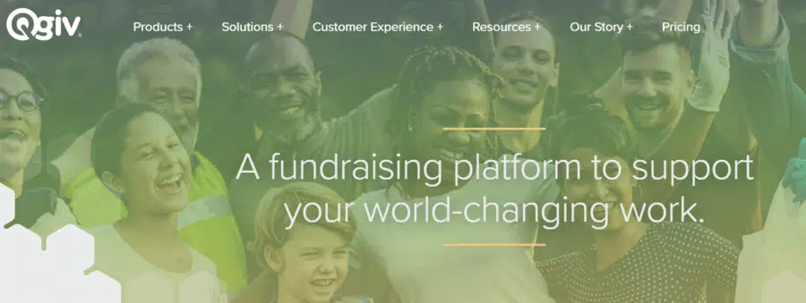 This screenshot shows the homepage for Qgiv, a nonprofit software solution for fundraising. 