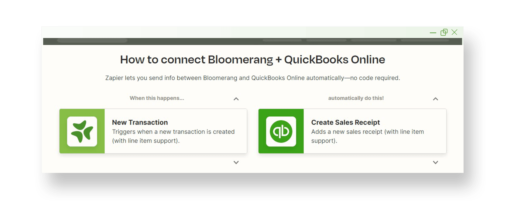 A window is shown using Zapier's software where Bloomerang and Quickbooks Online are connected through a 